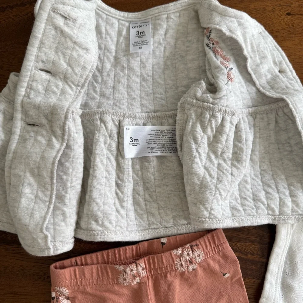 Carter’s Baby Embroidered Vest, White Bodysuit, Floral Leggings Set size 3M